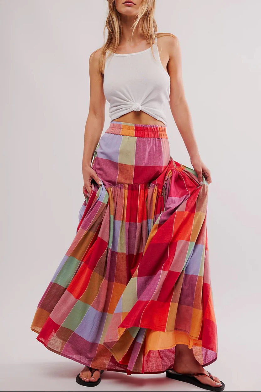 Women’s Modern Contrast Panel High-Waist Maxi Skirt - Flowing Color-Blocked A-Line Skirt with Stretch Comfort Waistband