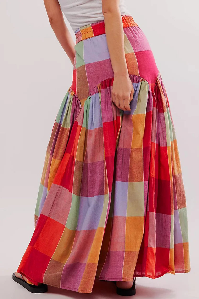 Women’s Modern Contrast Panel High-Waist Maxi Skirt - Flowing Color-Blocked A-Line Skirt with Stretch Comfort Waistband