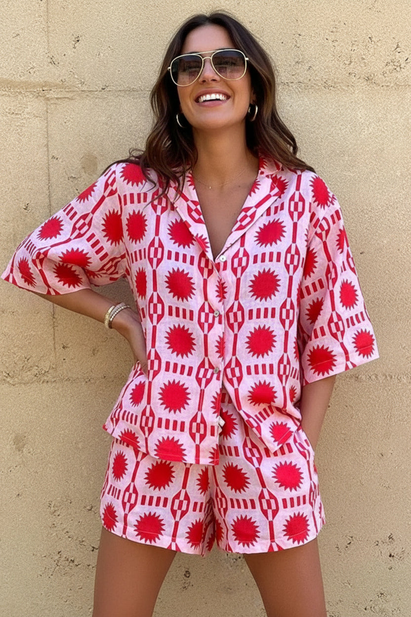 Women's Modern Geometric Co-Ord Set – Short Sleeve Shirt with Relaxed Fit Shorts