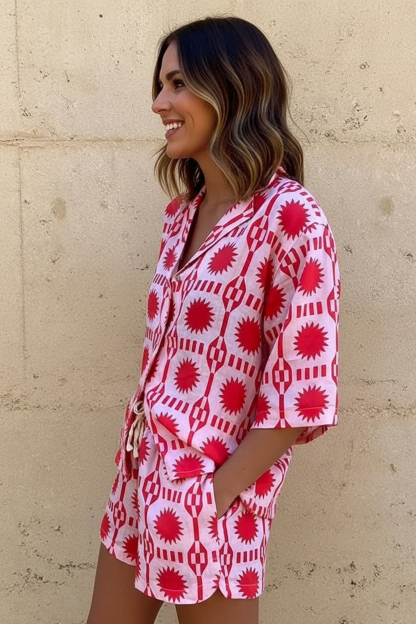 Women's Modern Geometric Co-Ord Set – Short Sleeve Shirt with Relaxed Fit Shorts