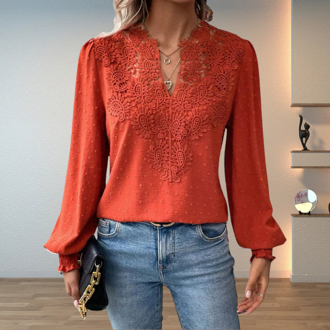 Women’s Modern Lace V-Neck Blouse – Trendy Long Sleeve Fashion Blouse
