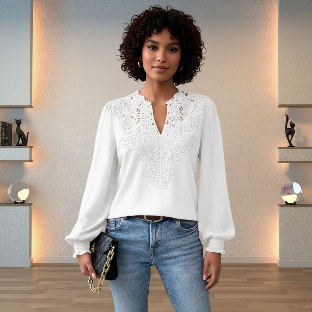 Women’s Modern Lace V-Neck Blouse – Trendy Long Sleeve Fashion Blouse