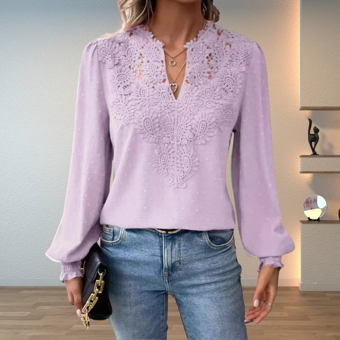 Women’s Modern Lace V-Neck Blouse – Trendy Long Sleeve Fashion Blouse