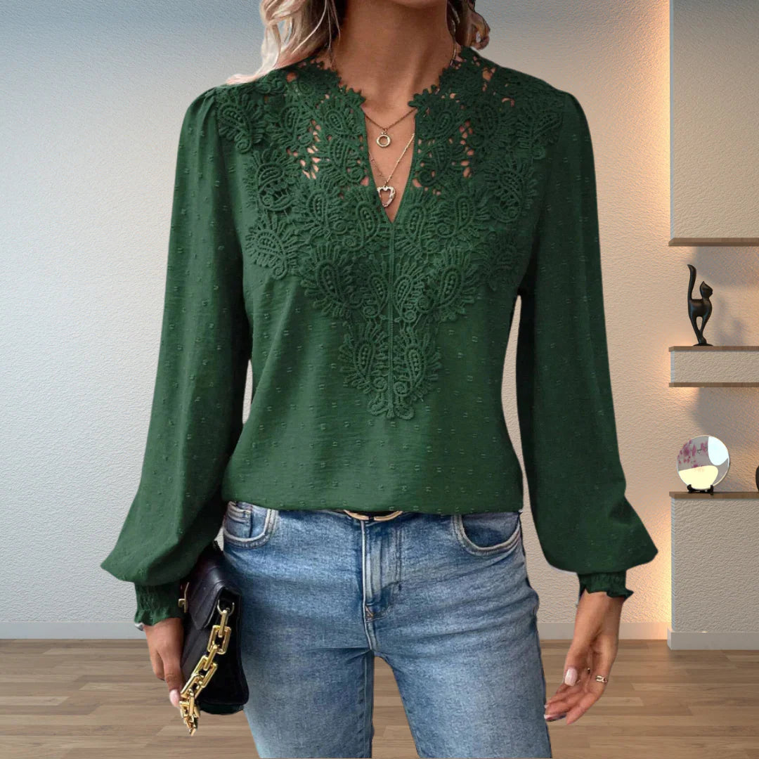 Women’s Modern Lace V-Neck Blouse – Trendy Long Sleeve Fashion Blouse