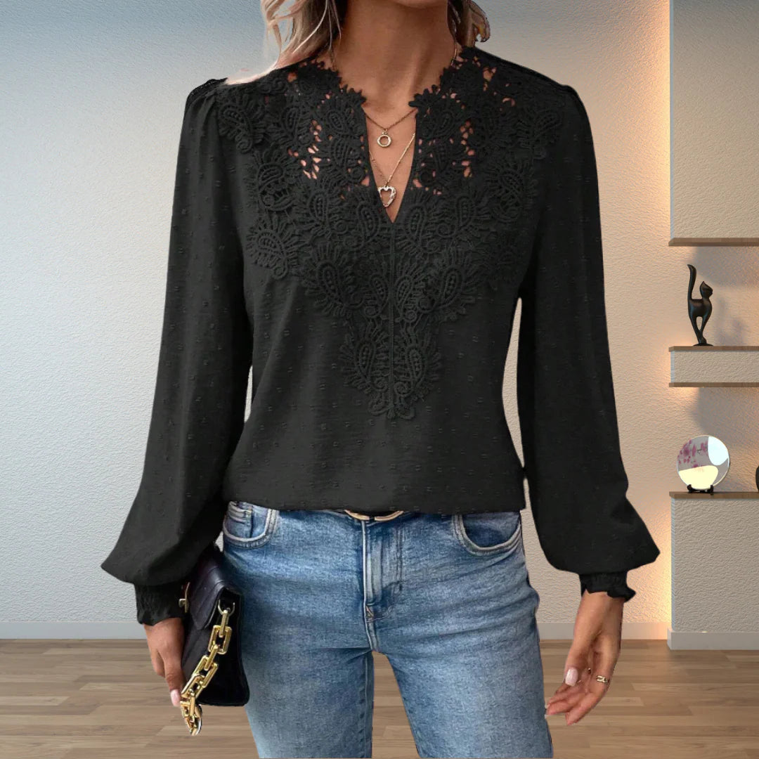 Women’s Modern Lace V-Neck Blouse – Trendy Long Sleeve Fashion Blouse