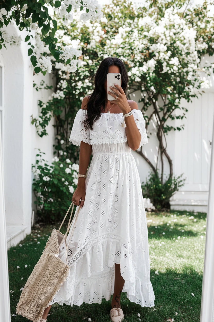 Women's Off-Shoulder Eyelet Lace Maxi Dress – Tiered Boho Summer Sundress with Romantic Flow