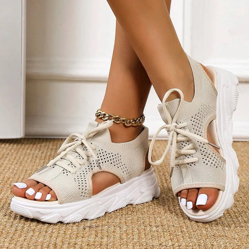 Women's Open Front Platform Sandals – Stylish Knit Lace-Up Design