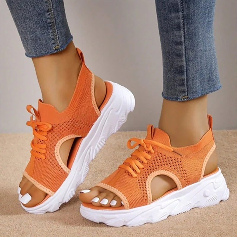 Women's Open Front Platform Sandals – Stylish Knit Lace-Up Design