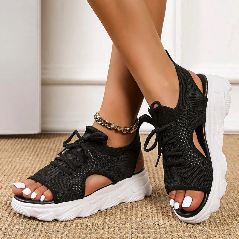 Women's Open Front Platform Sandals – Stylish Knit Lace-Up Design