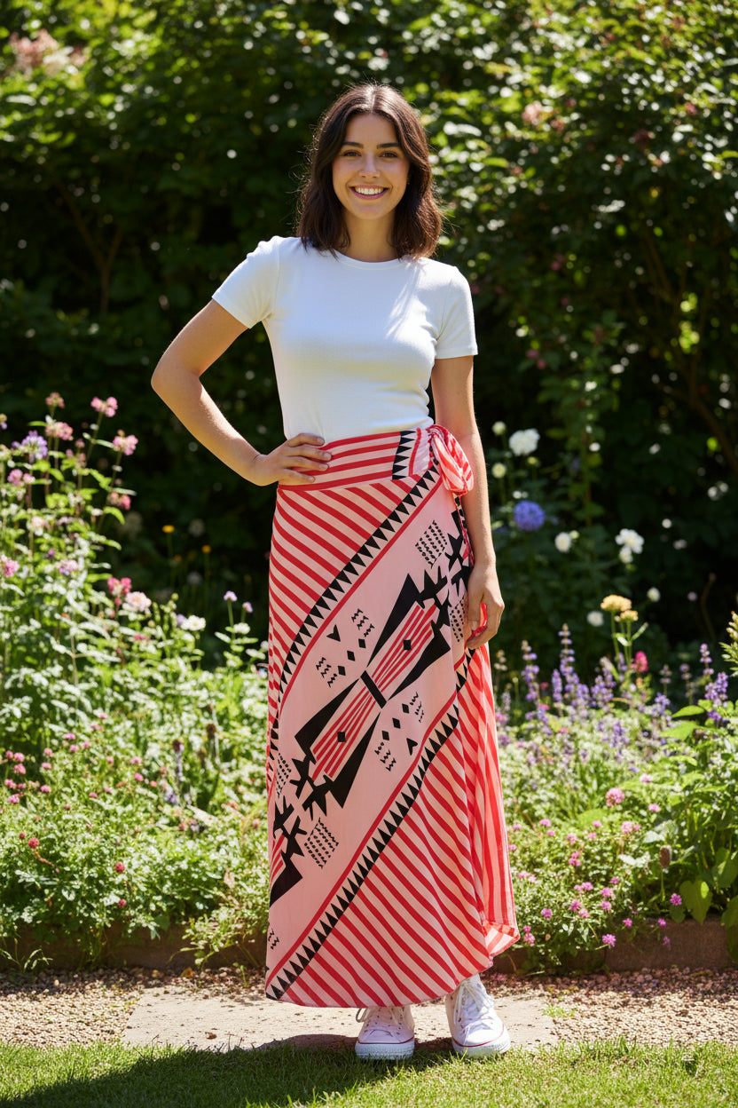 Women's Patterned Maxi Skirt – Angled Hem Contemporary Style
