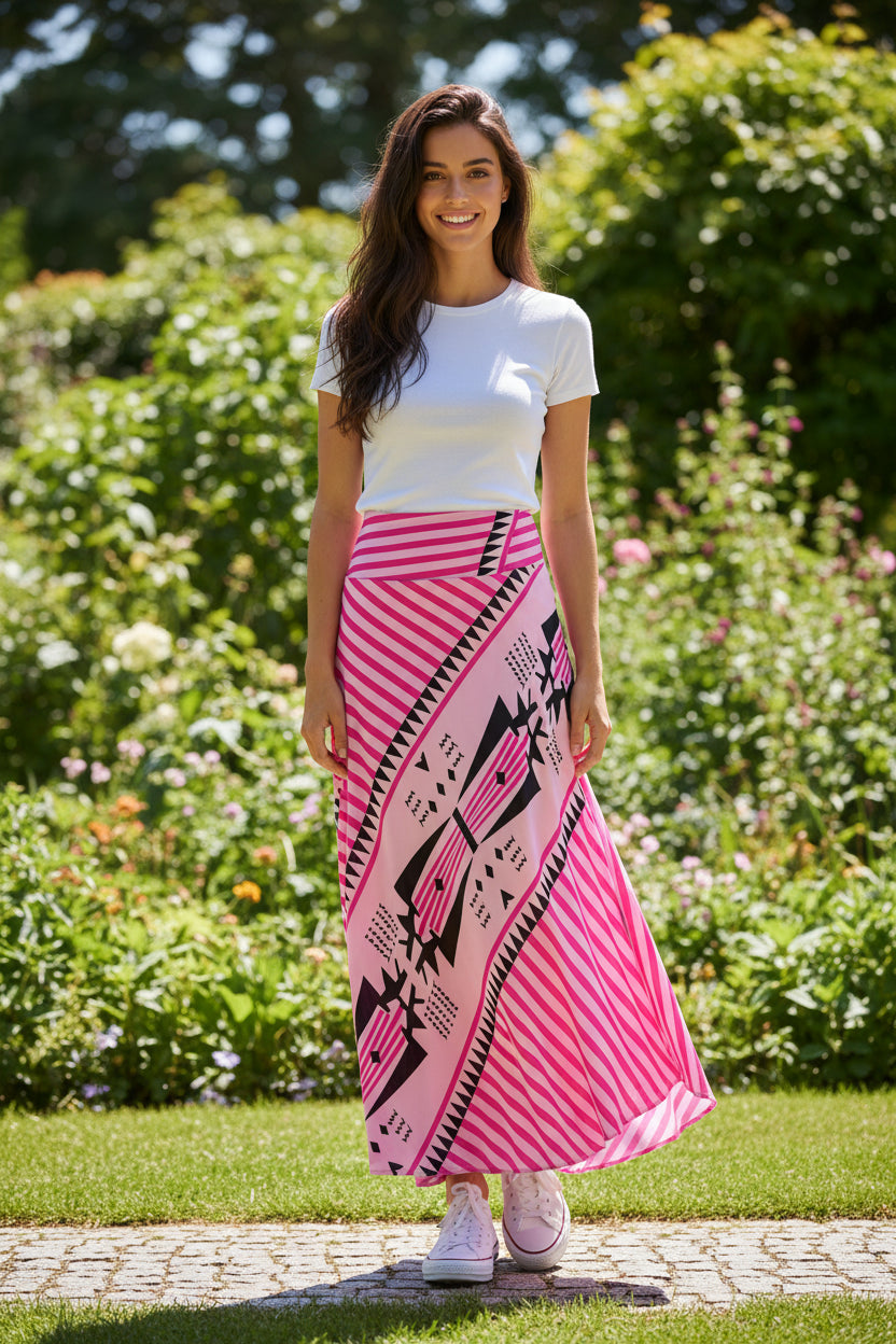 Women's Patterned Maxi Skirt – Angled Hem Contemporary Style
