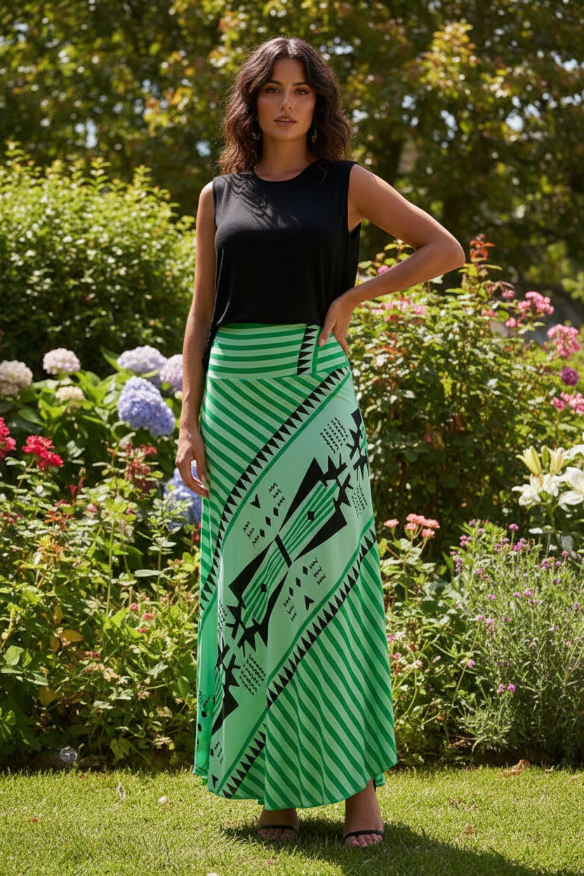 Women's Patterned Maxi Skirt – Angled Hem Contemporary Style