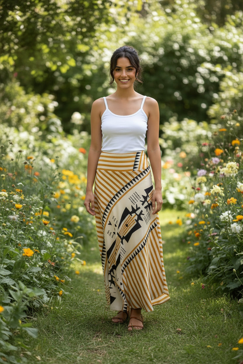 Women's Patterned Maxi Skirt – Angled Hem Contemporary Style