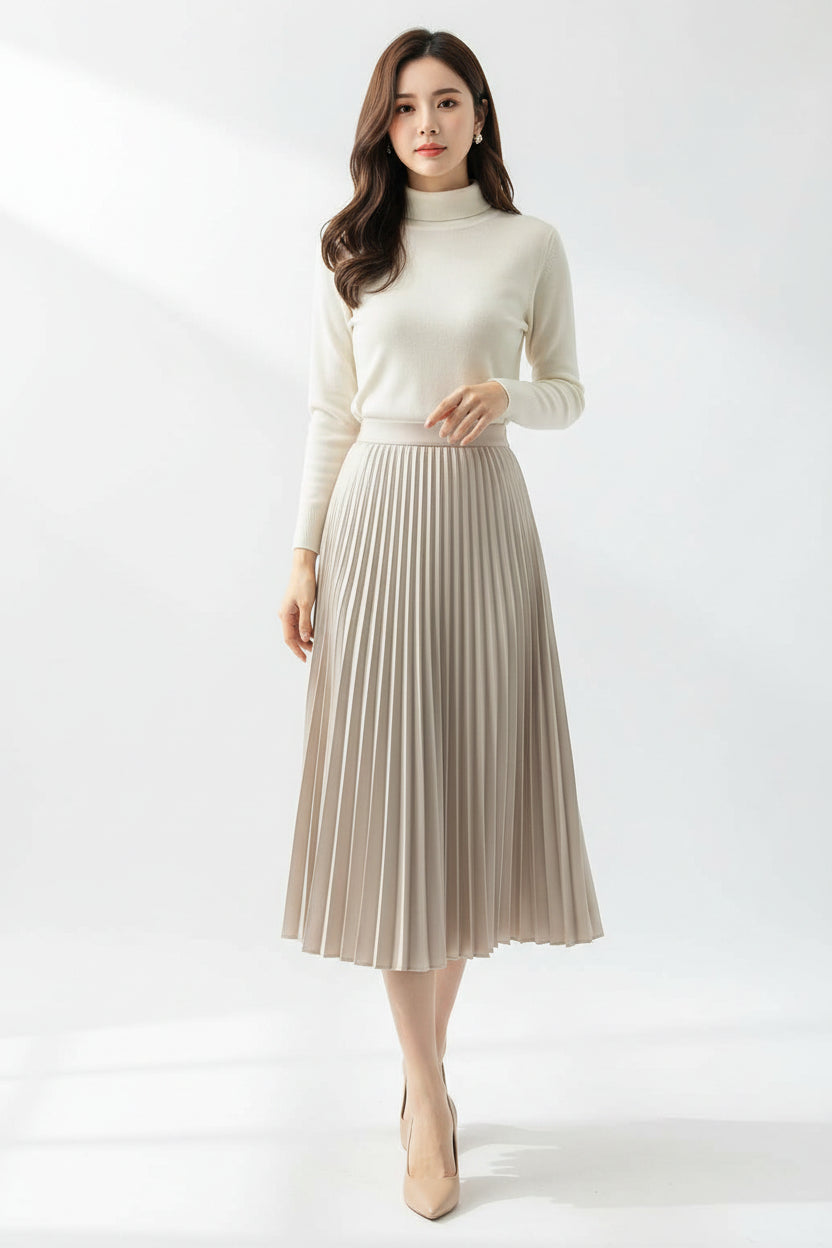 Women’s  Pleat-Detail Midi Skirt - High-Rise Flowing A-Line Silhouette
