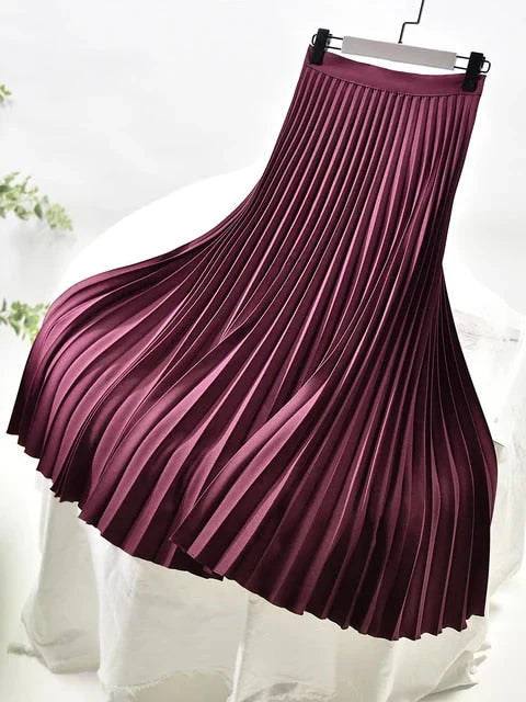 Women’s  Pleat-Detail Midi Skirt - High-Rise Flowing A-Line Silhouette
