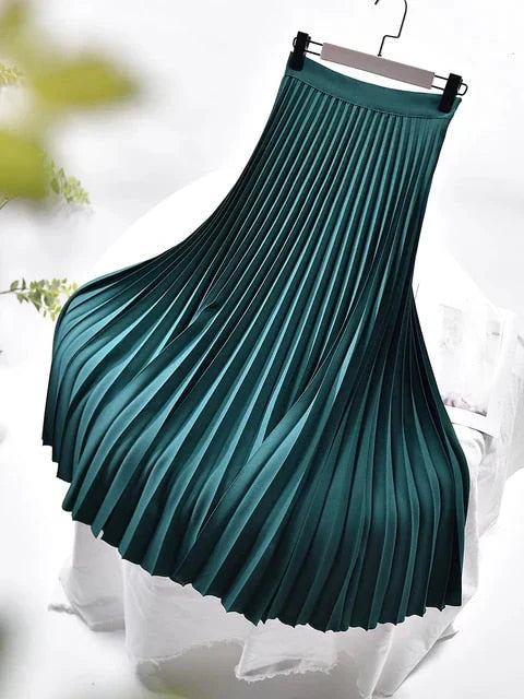 Women’s  Pleat-Detail Midi Skirt - High-Rise Flowing A-Line Silhouette
