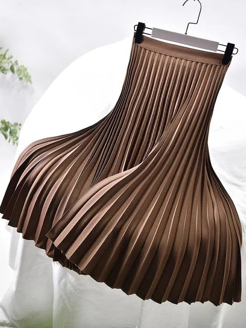 Women’s  Pleat-Detail Midi Skirt - High-Rise Flowing A-Line Silhouette
