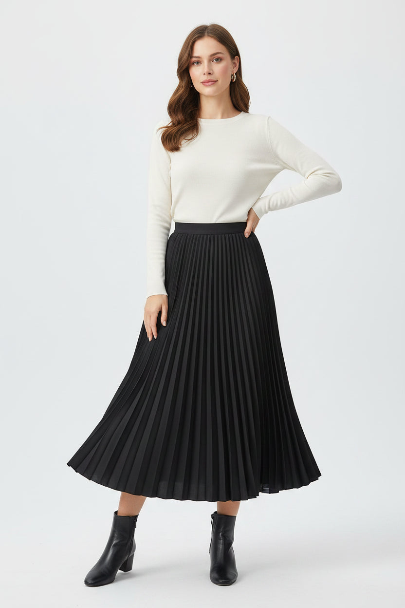 Women’s  Pleat-Detail Midi Skirt - High-Rise Flowing A-Line Silhouette