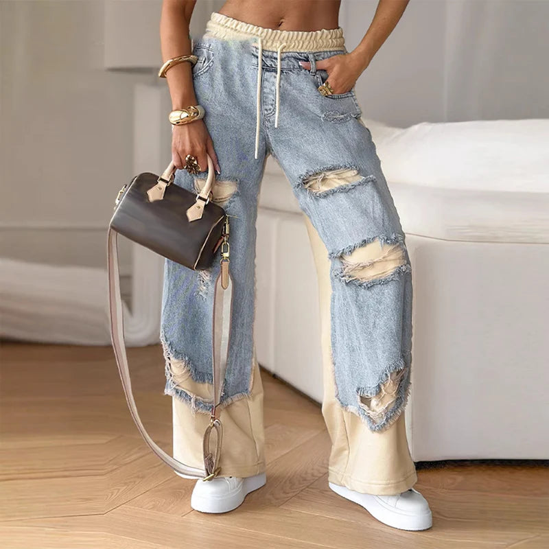 Women’s Relaxed Fit Denim Pants – Drawstring Waist Jeans with Vintage-Inspired Distressed Detail