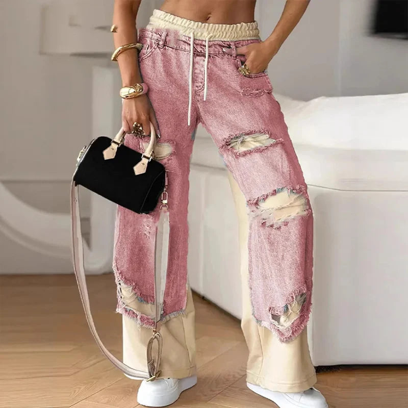 Women’s Relaxed Fit Denim Pants – Drawstring Waist Jeans with Vintage-Inspired Distressed Detail