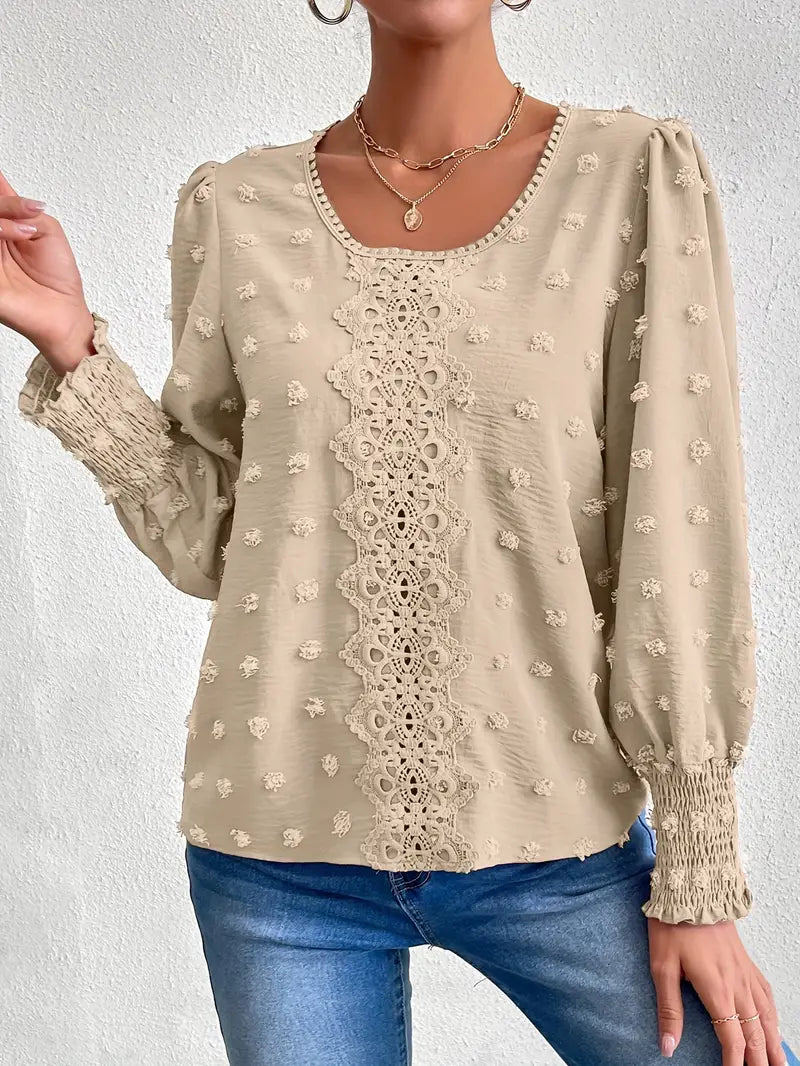 Women’s Romantic Dotted Chiffon Top – Sheer Swiss Dot Blouse with Classic Round Neck