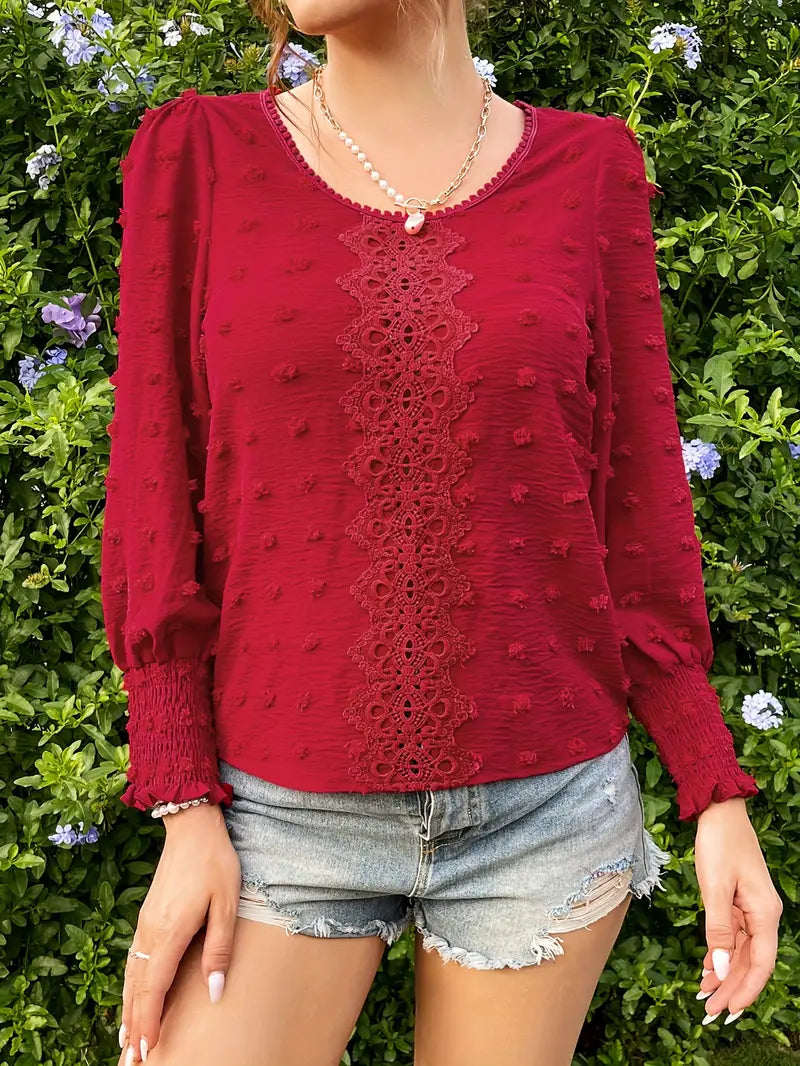 Women’s Romantic Dotted Chiffon Top – Sheer Swiss Dot Blouse with Classic Round Neck