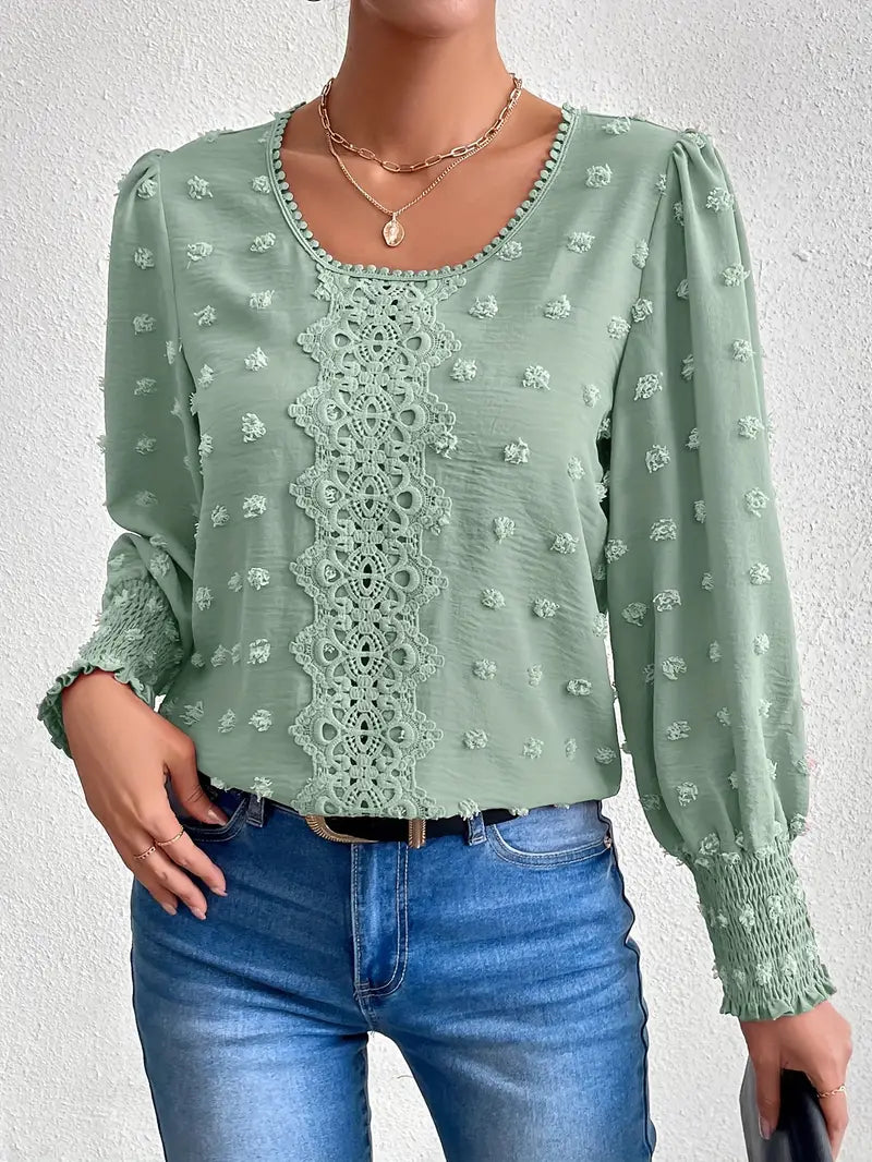 Women’s Romantic Dotted Chiffon Top – Sheer Swiss Dot Blouse with Classic Round Neck