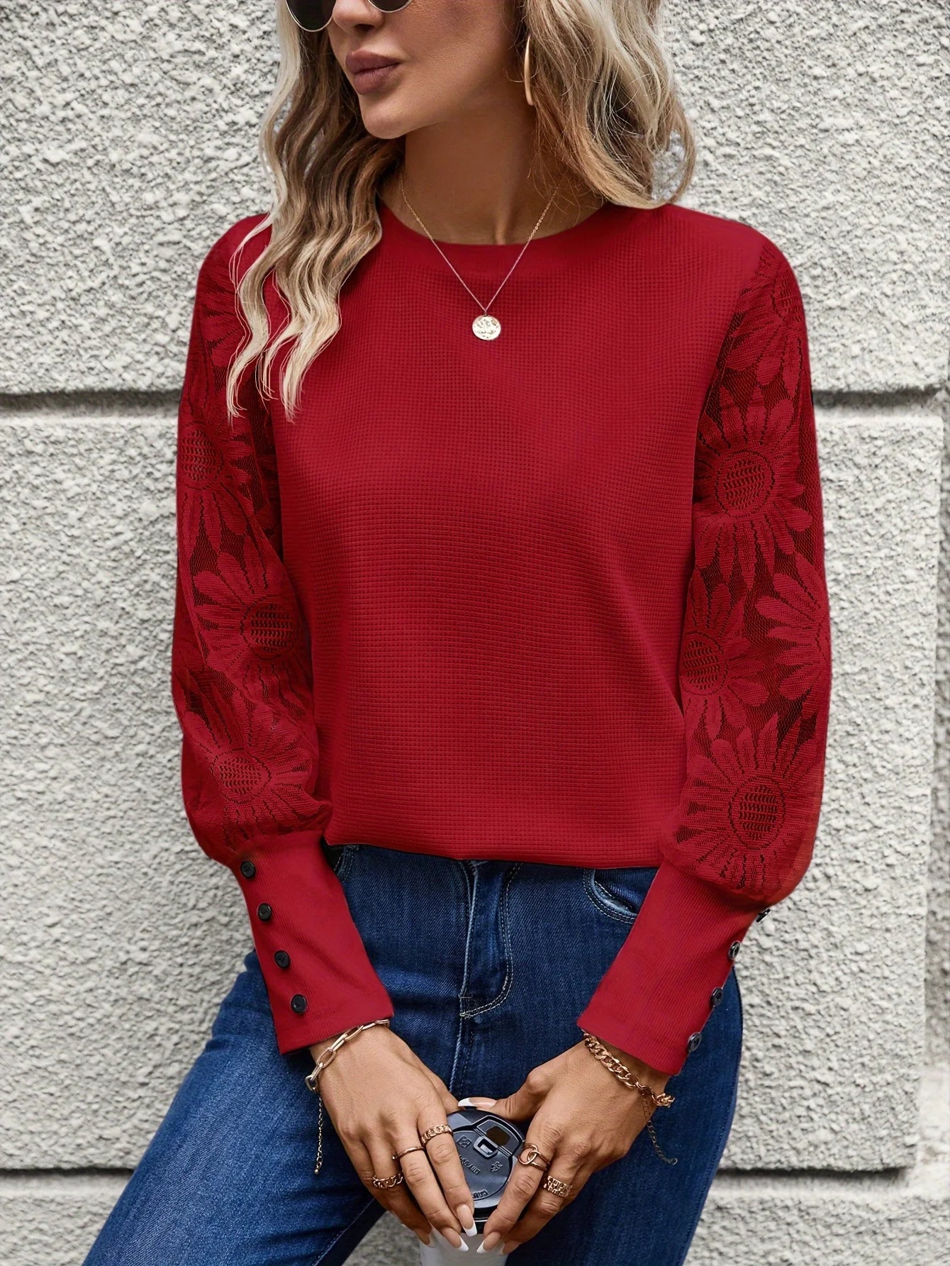 Women’s Romantic Lace Panel Long Sleeve Top – Elegant Floral Sheer Detail Blouse with Classic Crew Neck