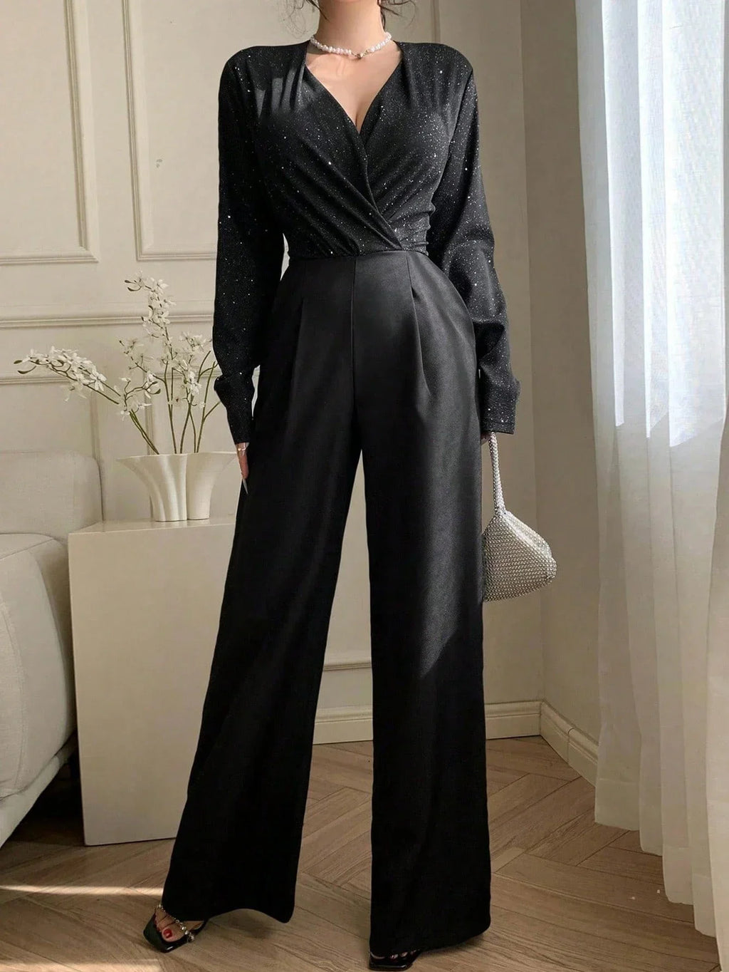 Women's Shimmer Wrap Jumpsuit – Elegant Wide Leg Evening One Piece Outfit