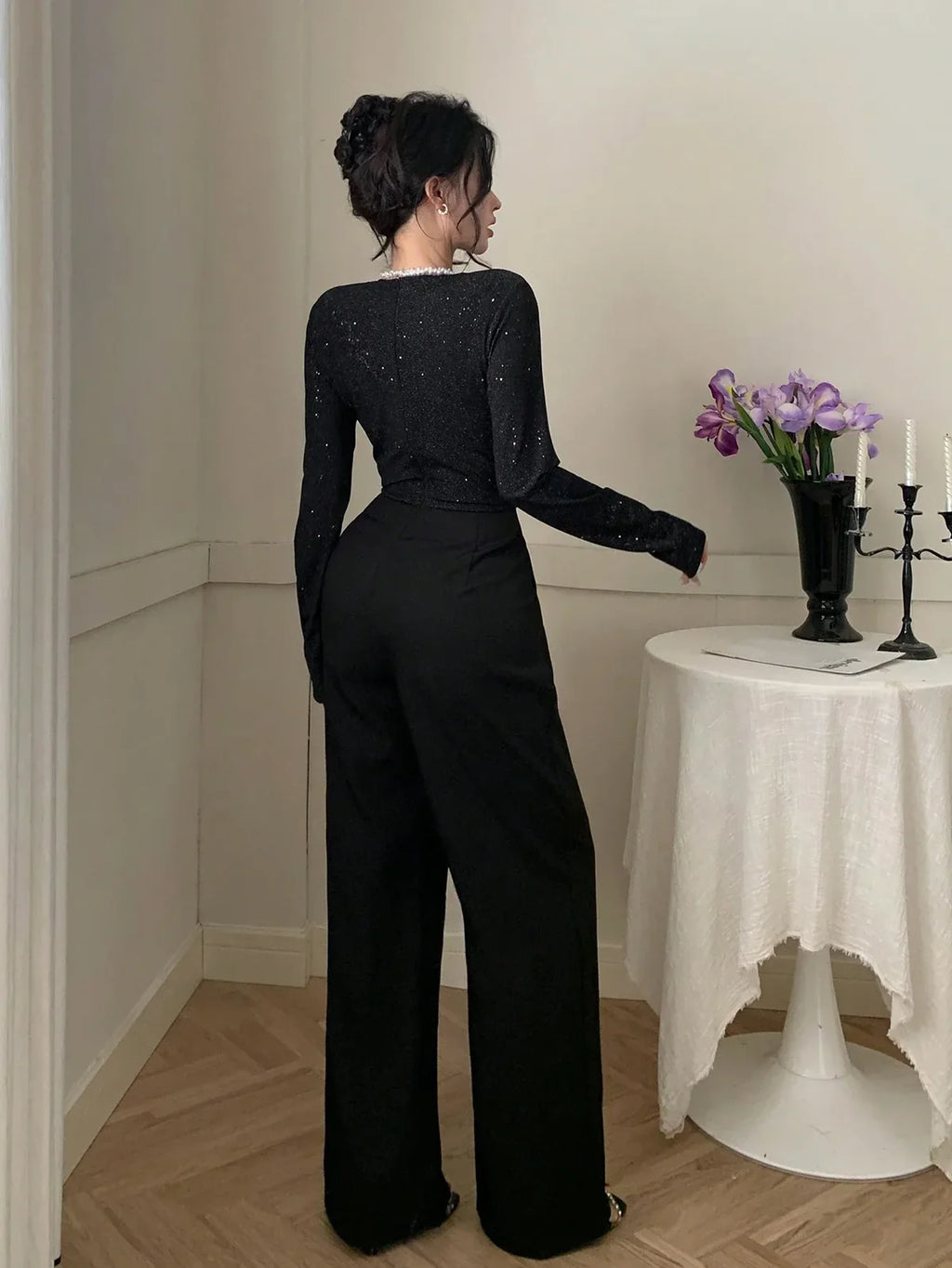 Women's Shimmer Wrap Jumpsuit – Elegant Wide Leg Evening One Piece Outfit