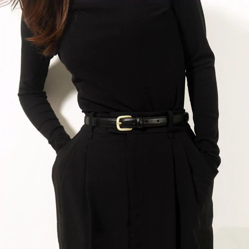Women's Sleek Skinny Belt with Square Buckle - Modern Minimalist Design