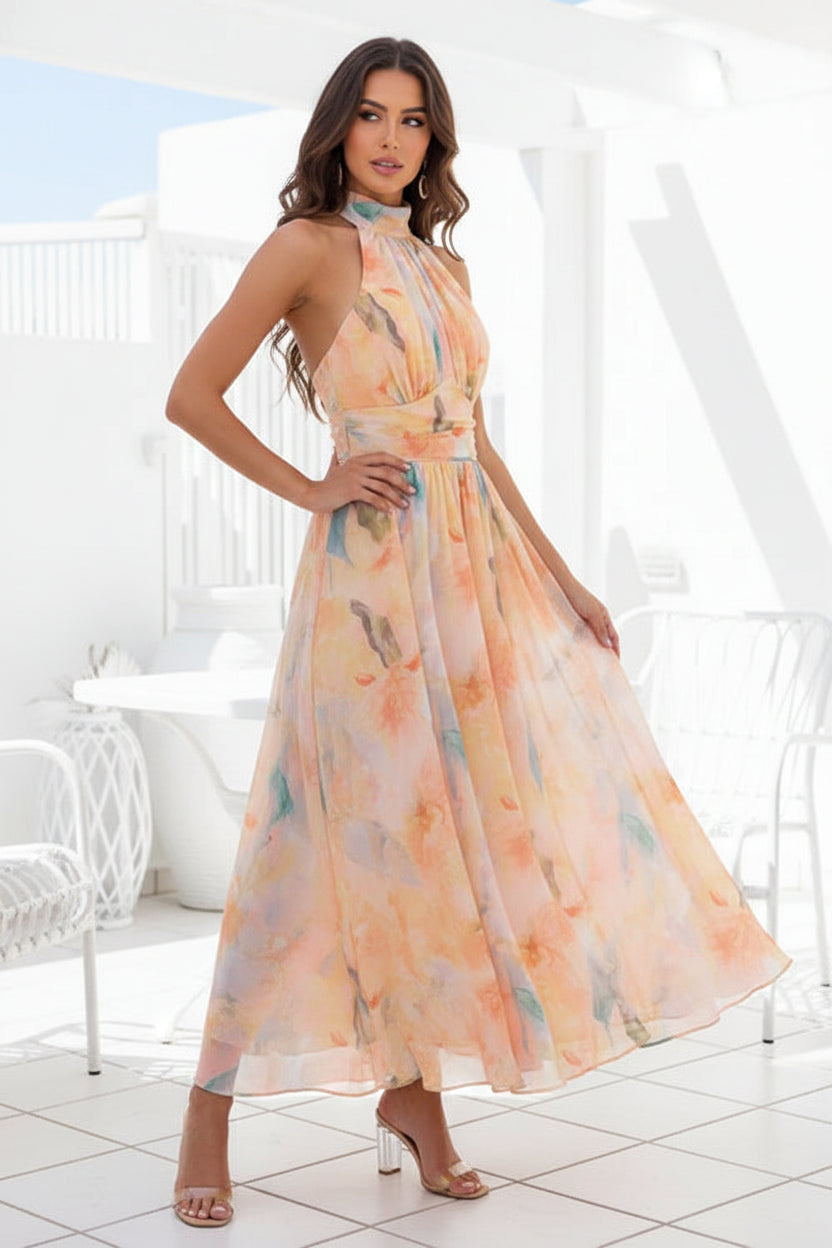 Women's Sleeveless Halter Maxi Dress – Chic Wedding Guest Outfit for Evening Events
