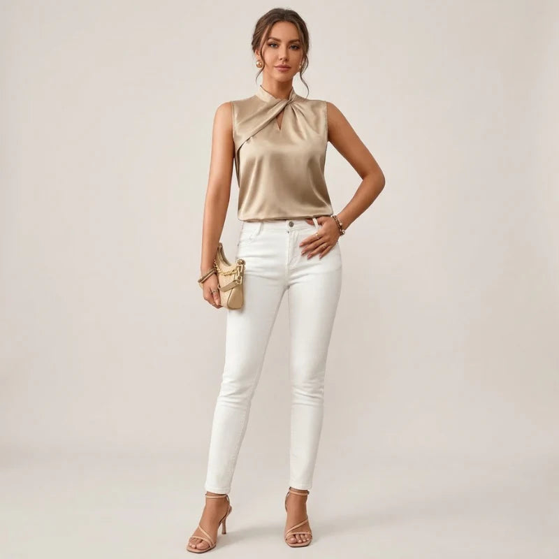 Women’s Sleeveless Twisted Neck Blouse - Stylish Low-Neck Dressy Top