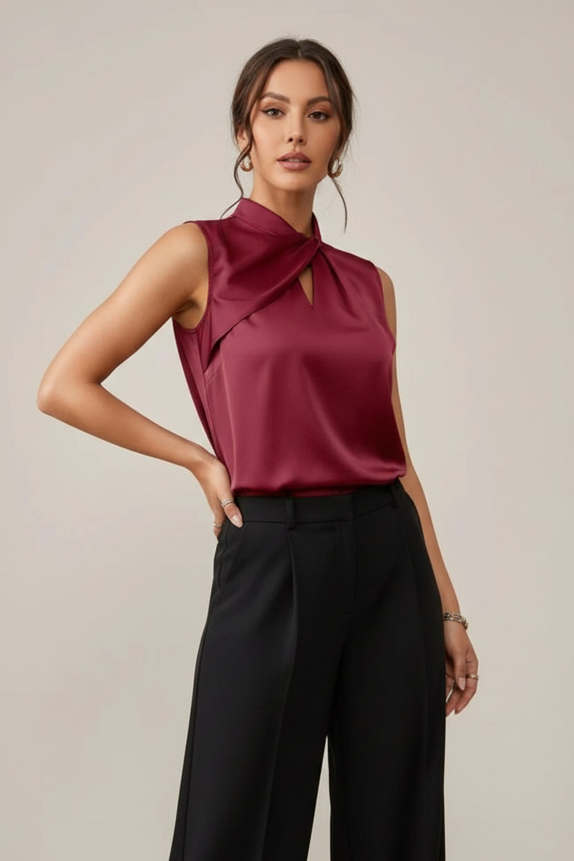 Women’s Sleeveless Twisted Neck Blouse - Stylish Low-Neck Dressy Top