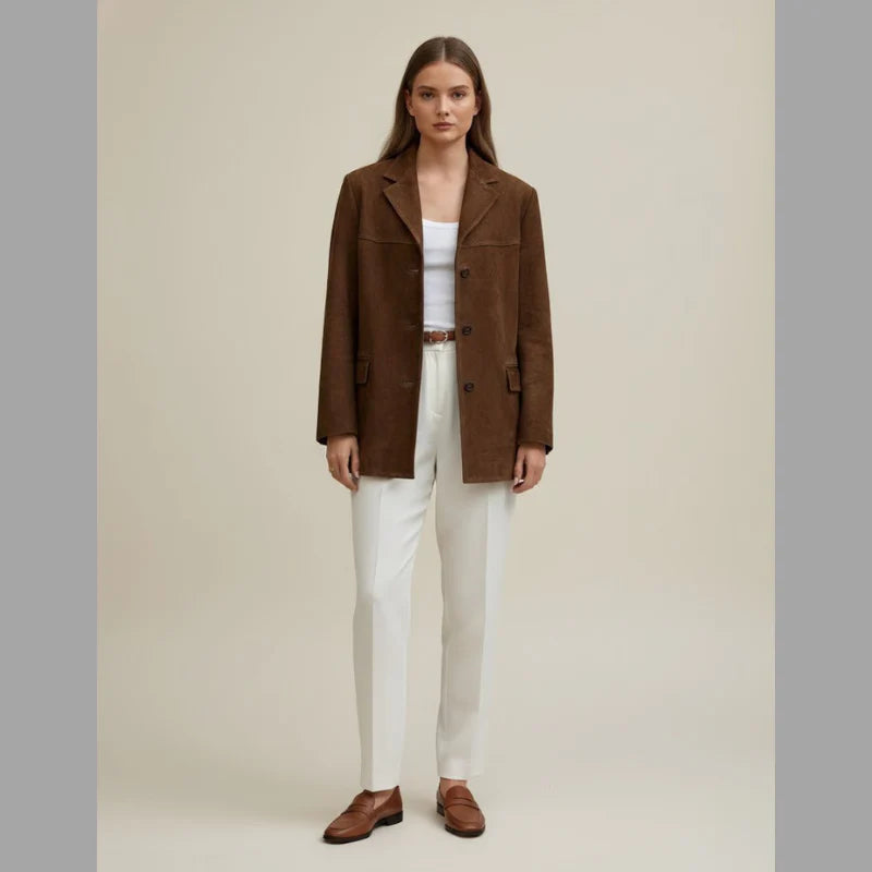 Women’s Slim Fit Suede Coat –  Elegant Jacket with Classic Button Closure