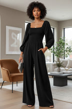 Women's Smocked Waist Jumpsuit – Long Sleeve Casual One Piece Outfit
