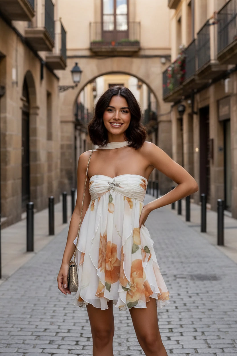 Women's Strapless Neck-Tie Mini Dress – Trendy Vacation Dress with Modern Feminine Style