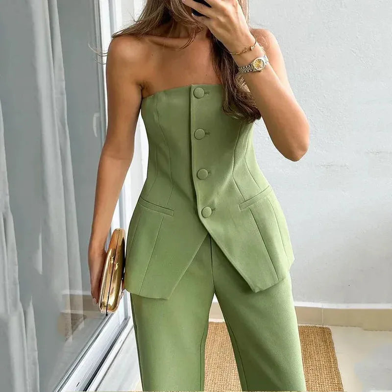 Women's Strapless Tailored Co Ord Set – Chic Vest Top and Wide Leg Pants Outfit