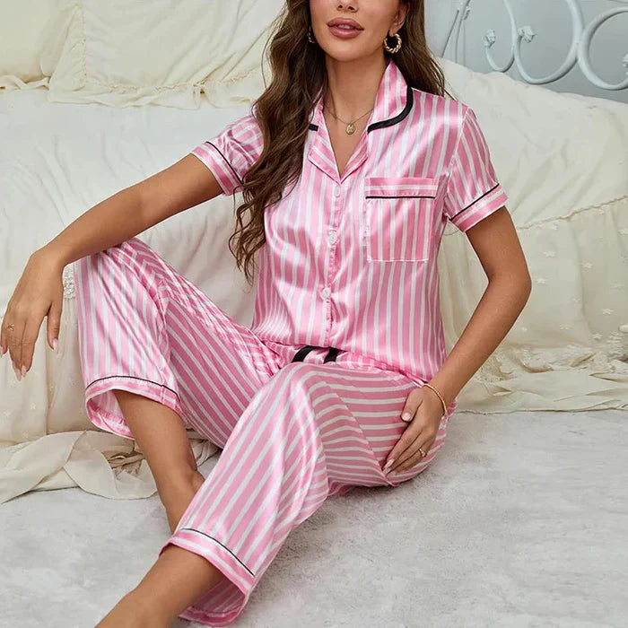 Women's Striped Lounge Pajama Set – Short Sleeve Button Shirt and Pants Sleepwear