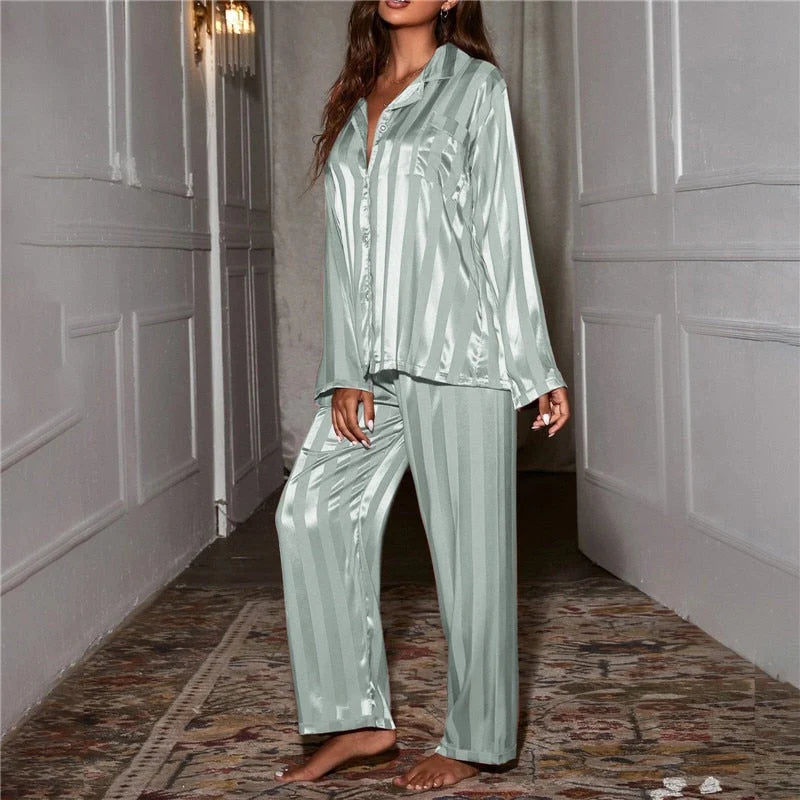 Women's Striped Pajama Set – Long Sleeve Button Front Sleepwear Co Ord
