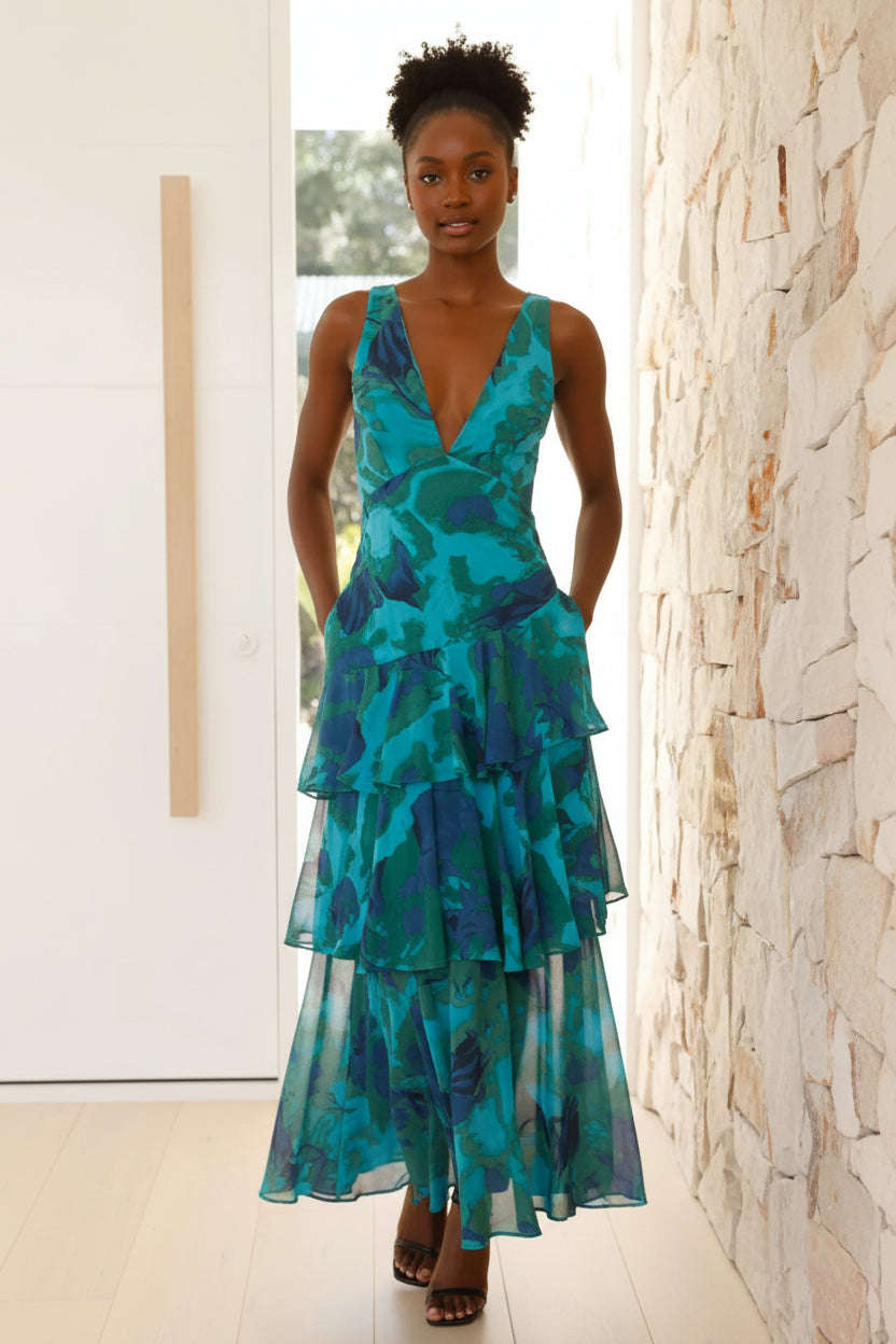 Women's Stylish V-Neck Tiered Ruffle Dress – Printed Elegant Maxi Outfit for Wedding Guests