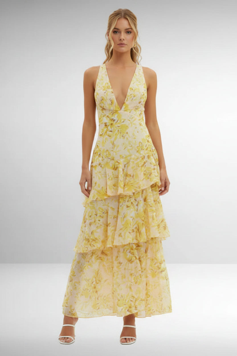 Women's Stylish V-Neck Tiered Ruffle Dress – Printed Elegant Maxi Outfit for Wedding Guests