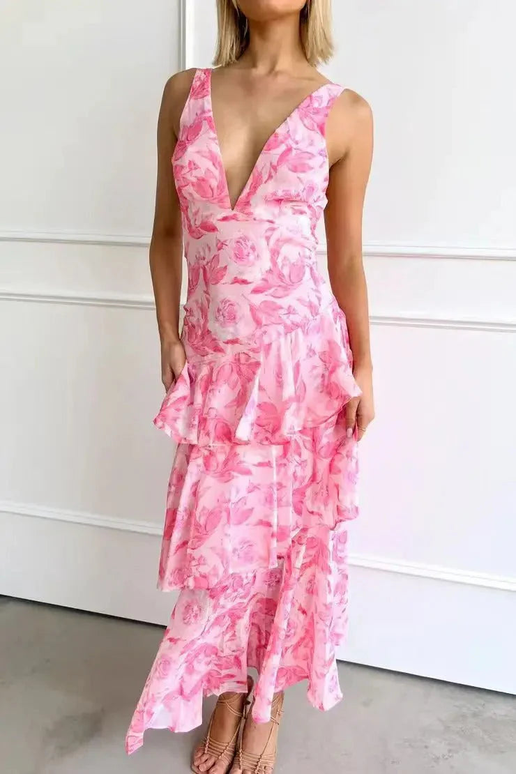 Women's Stylish V-Neck Tiered Ruffle Dress – Printed Elegant Maxi Outfit for Wedding Guests