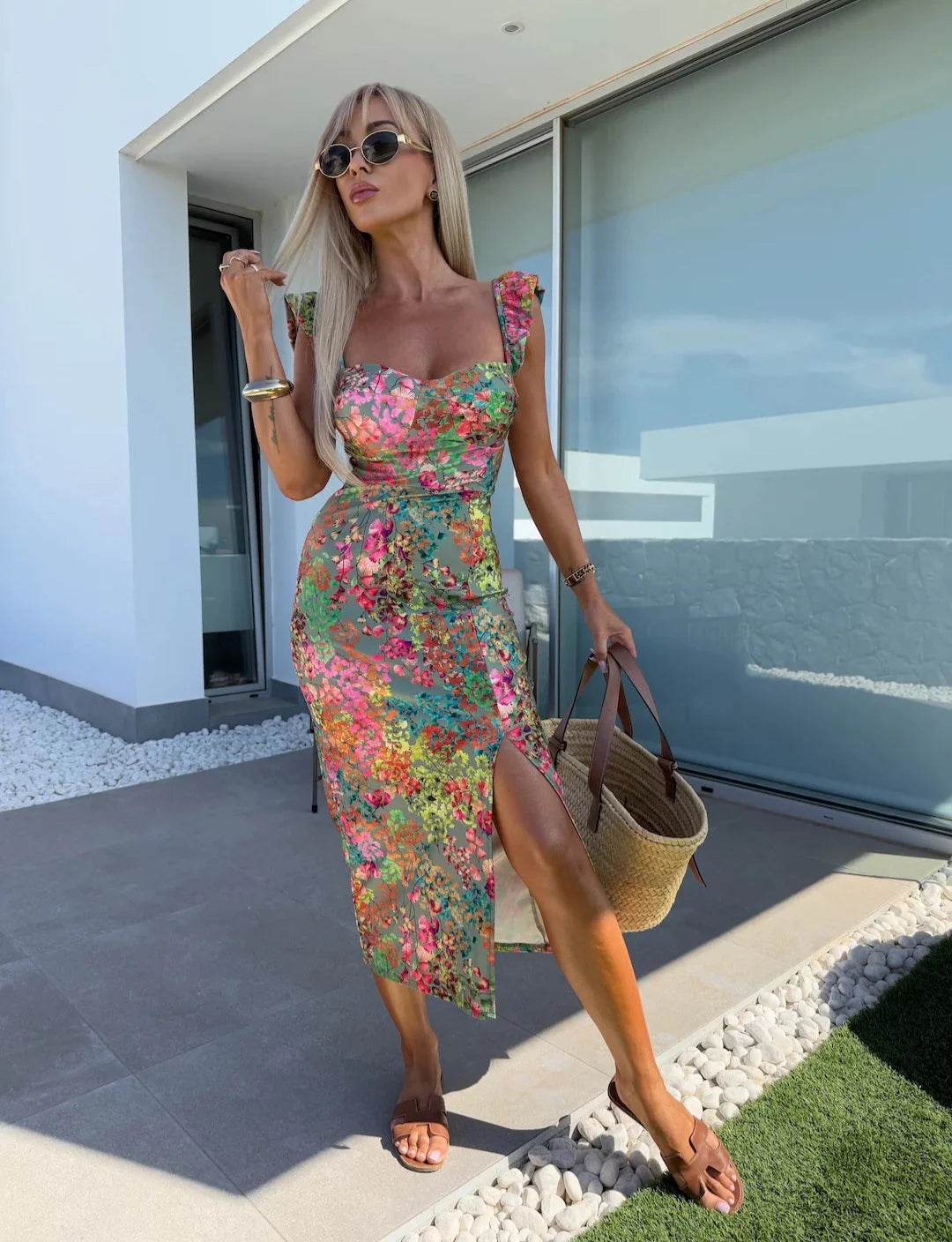 Women's Summer Printed Midi Dress – Elegant Flowing Style with Side Slit Accent