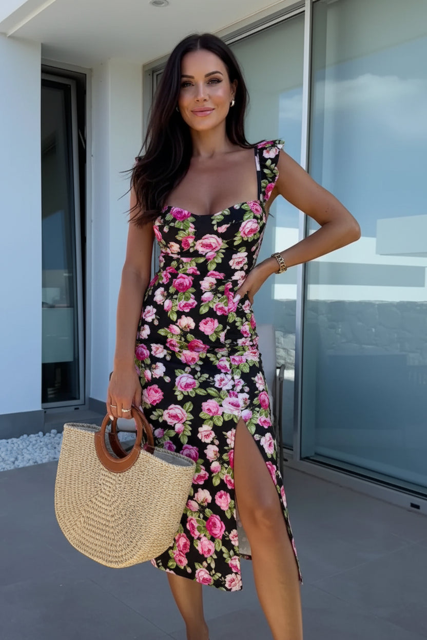 Women's Summer Printed Midi Dress – Elegant Flowing Style with Side Slit Accent