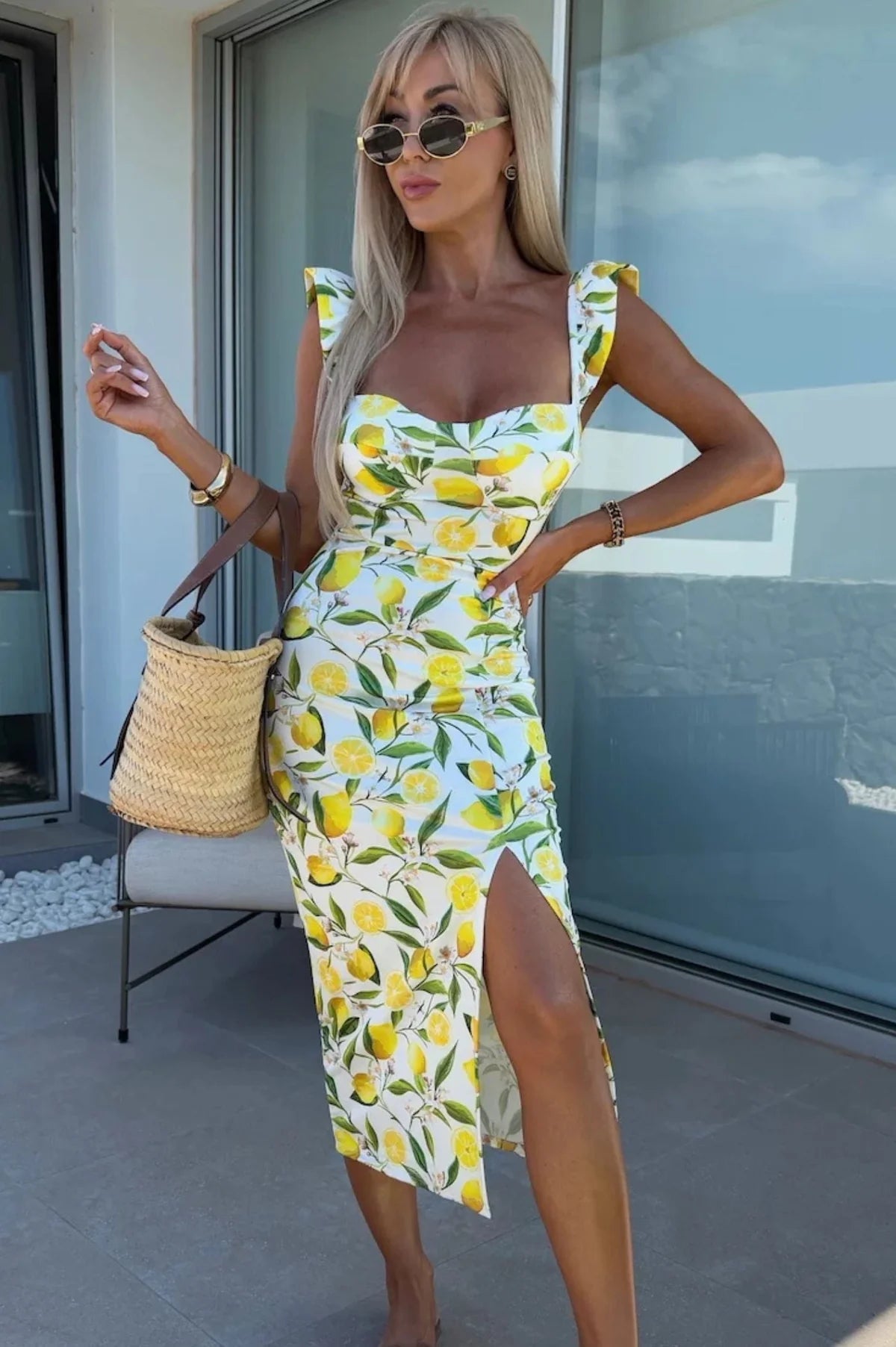 Women's Summer Printed Midi Dress – Elegant Flowing Style with Side Slit Accent