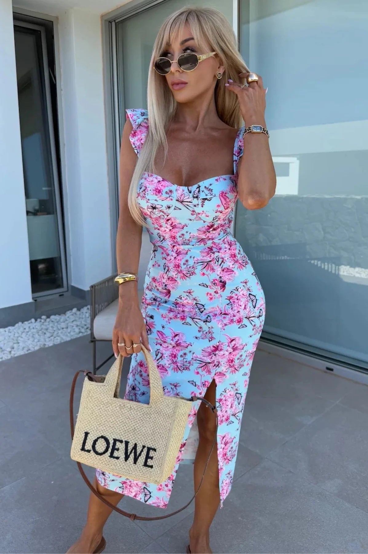 Women's Summer Printed Midi Dress – Elegant Flowing Style with Side Slit Accent