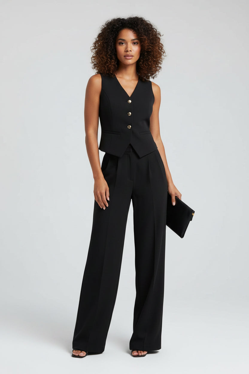 Women's Tailored Vest and Wide Leg Pants Set – Elegant Two Piece Power Outfit