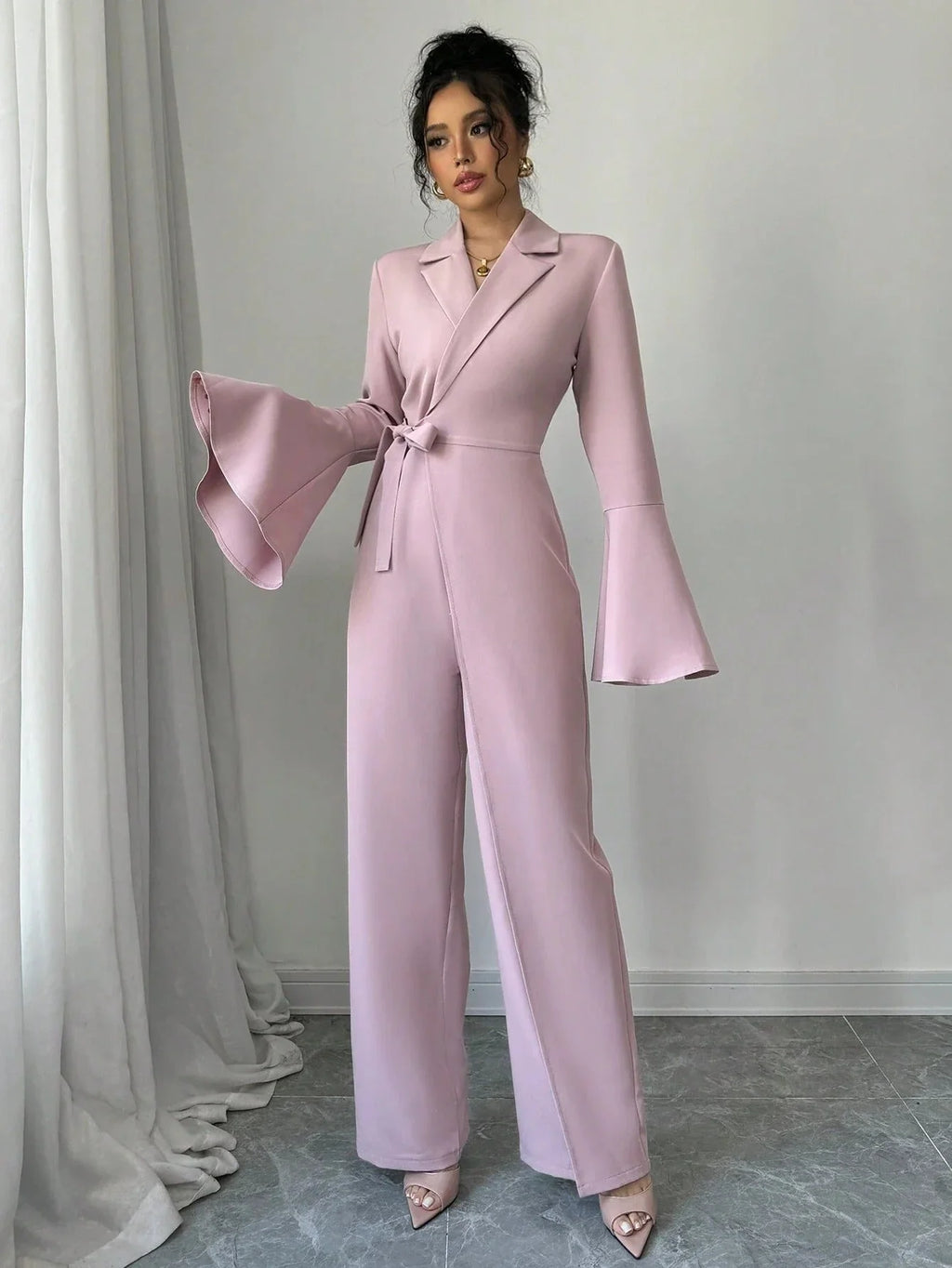 Women's Tailored Wrap Jumpsuit – Blazer Inspired Wide Leg One Piece Outfit