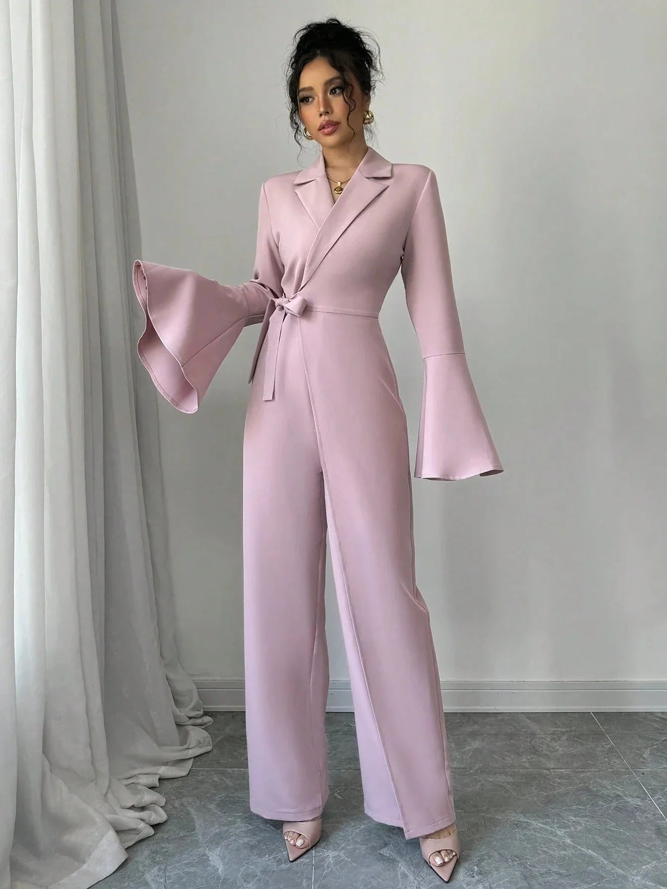 Women's Tailored Wrap Jumpsuit – Blazer Inspired Wide Leg One Piece Outfit
